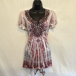 D-21 World Unity White &‎ Pink Beaded Detail Short Sleeve Pullover Blouse Size S